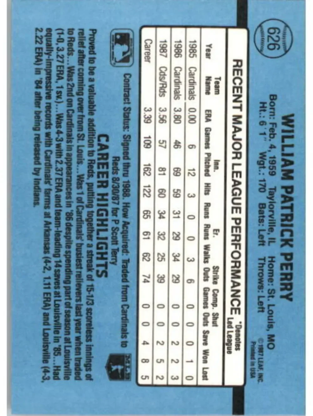 1988 Pat Perry Donruss Baseball Card #626